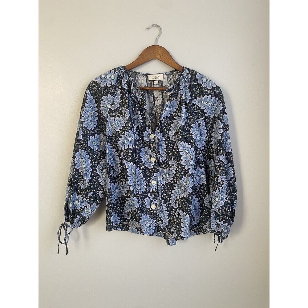 J Crew Collection tie-sleeve button-front top Ratti Pacific Blue Paisley S NWOT